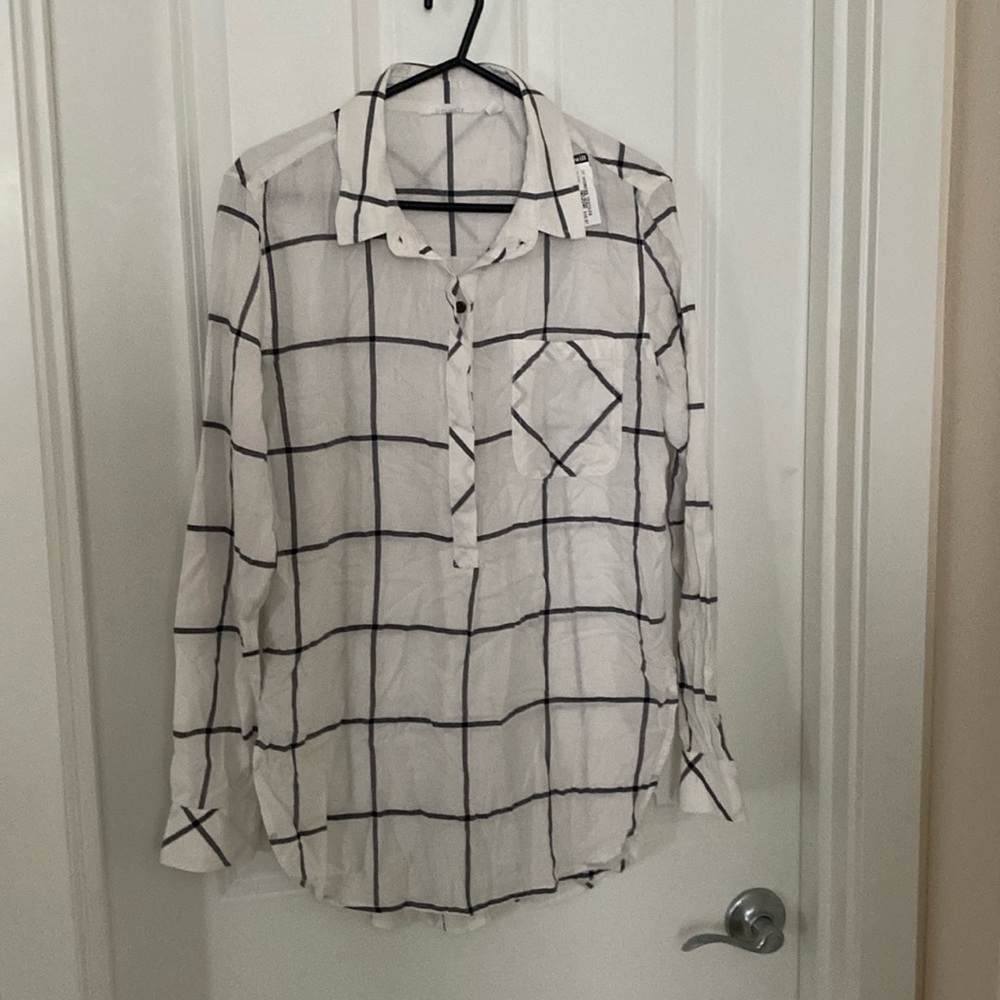 Athleta Presidio 1/4 Button Up Long Sleeve Black & White Plaid Tunic - size s